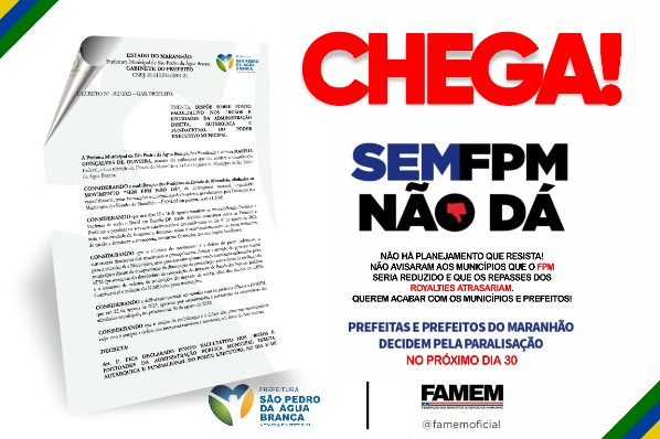 COM REDUÇÃO DE FPM E ATRASO DE ROYALTIES, MUNICÍPIO FARÁ PARALISAÇÃO DIA 30/08.